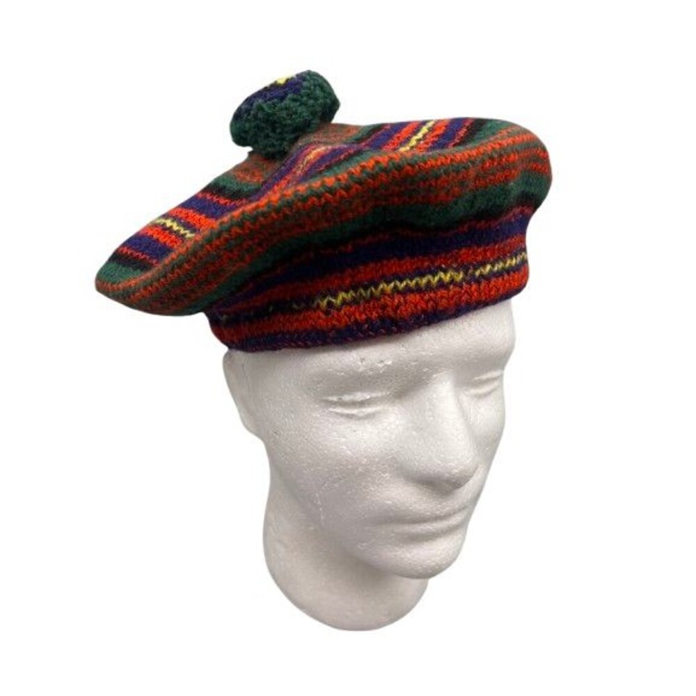 Vintage Jaeger Mens Multicolor Pure 100% Wool Knitted Beret Cap Hat